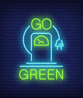 Go green neon sign. Electric vehicle charging station with hanging plug. Night bright advertisement. Vector illustration in neon style for recharge and environment