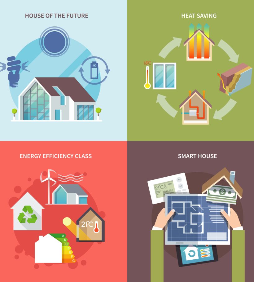 Energy saving house design concept set flat icons isolated vector illustration